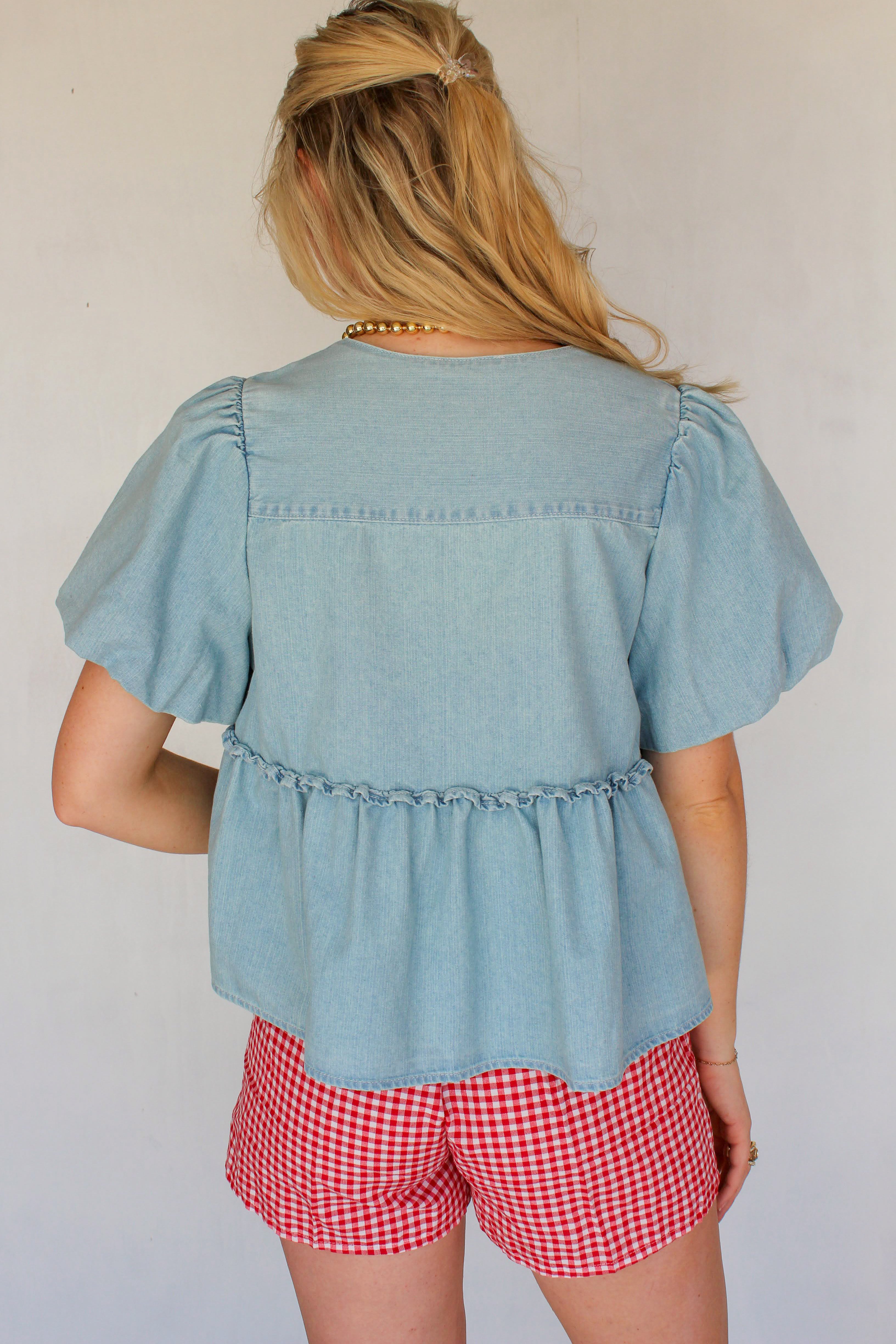 back of denim peplum top